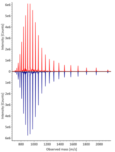 Summed up mass spectra for light chain of fully reduced trastuzumab. Red: Innovator; Blue: Biosimilar. Summed up mass spectra for light chain of fully reduced trastuzumab. The innovator is represented by a red curve, while the biosimilar is depicted by a blue curve, with intensity measured in counts on the y-axis and observed mass on the x-axis.